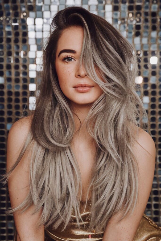  Long Layered Hair with Silver Balayage Brown Hair with Silver Highlights hairstyle.