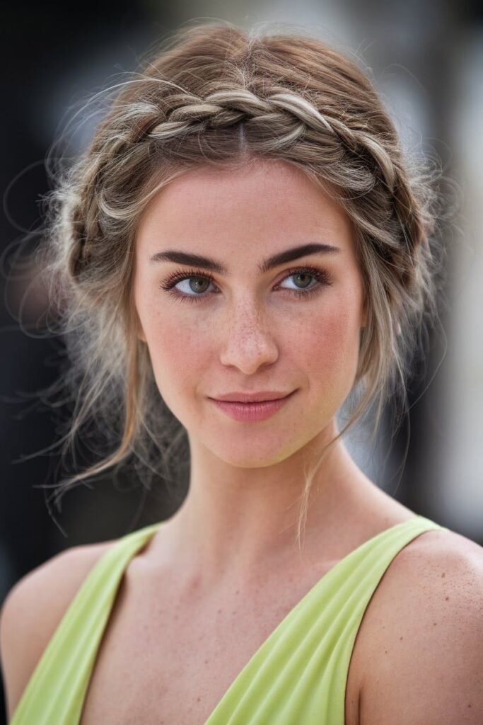 The hairstyle is Bohemian Braided Updo Brown Hair with Silver Highlights hairstyle.