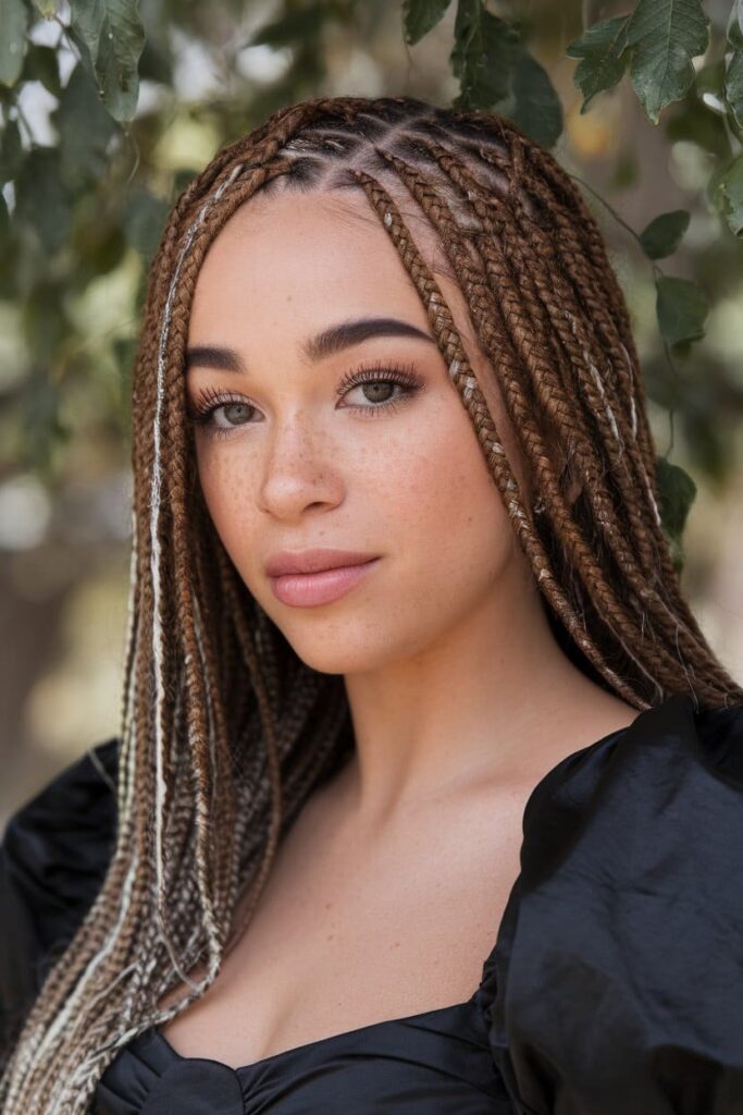  Double Dutch Braids Brown Hair with Silver Highlights hairstyle.