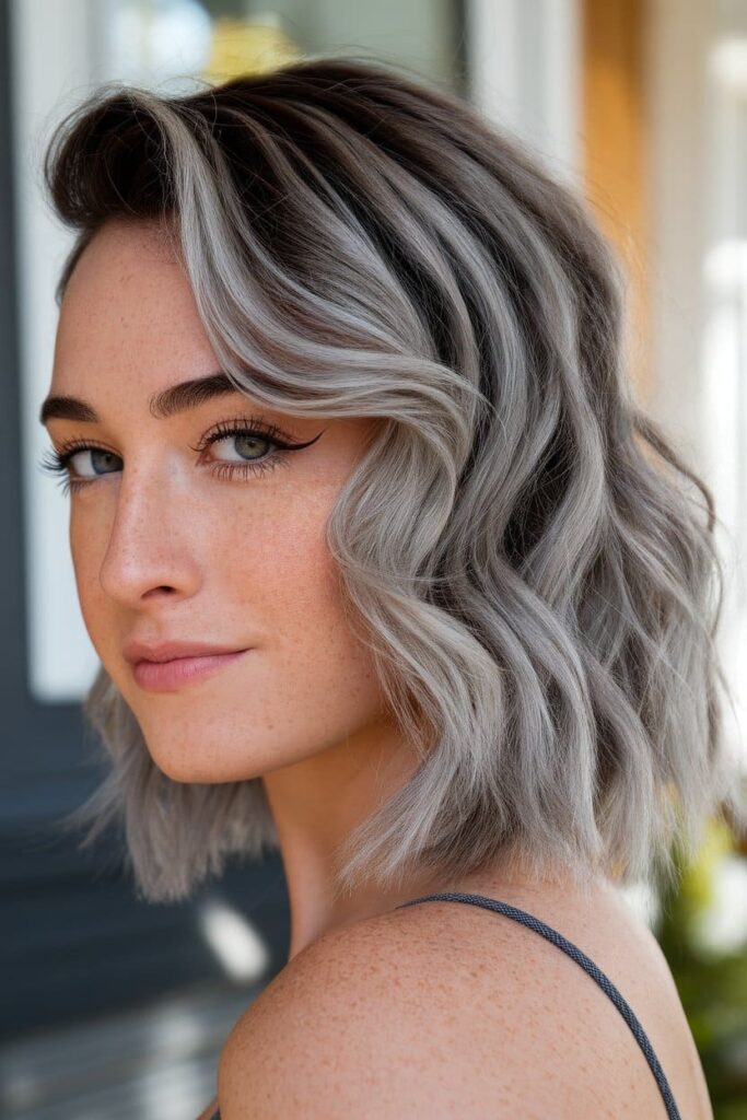 The hairstyle is Side-Swept Curls with Silver Highlights Brown Hair with Silver Highlights hairstyle.