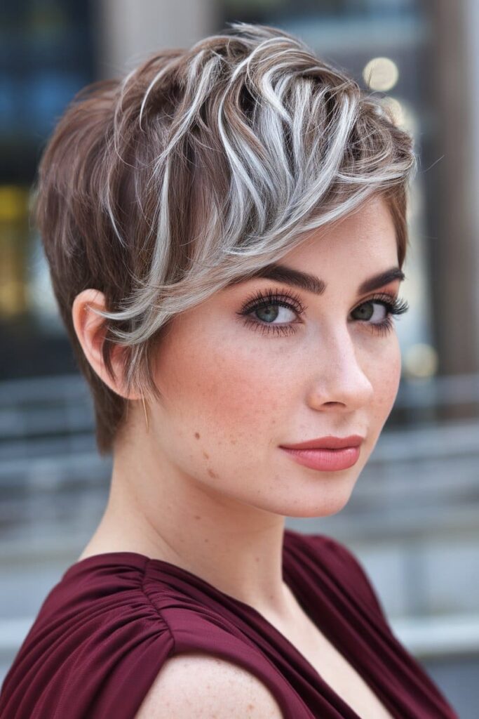  The hairstyle is Short Pixie Cut with Silver Streaks Brown Hair with Silver Highlights hairstyle.