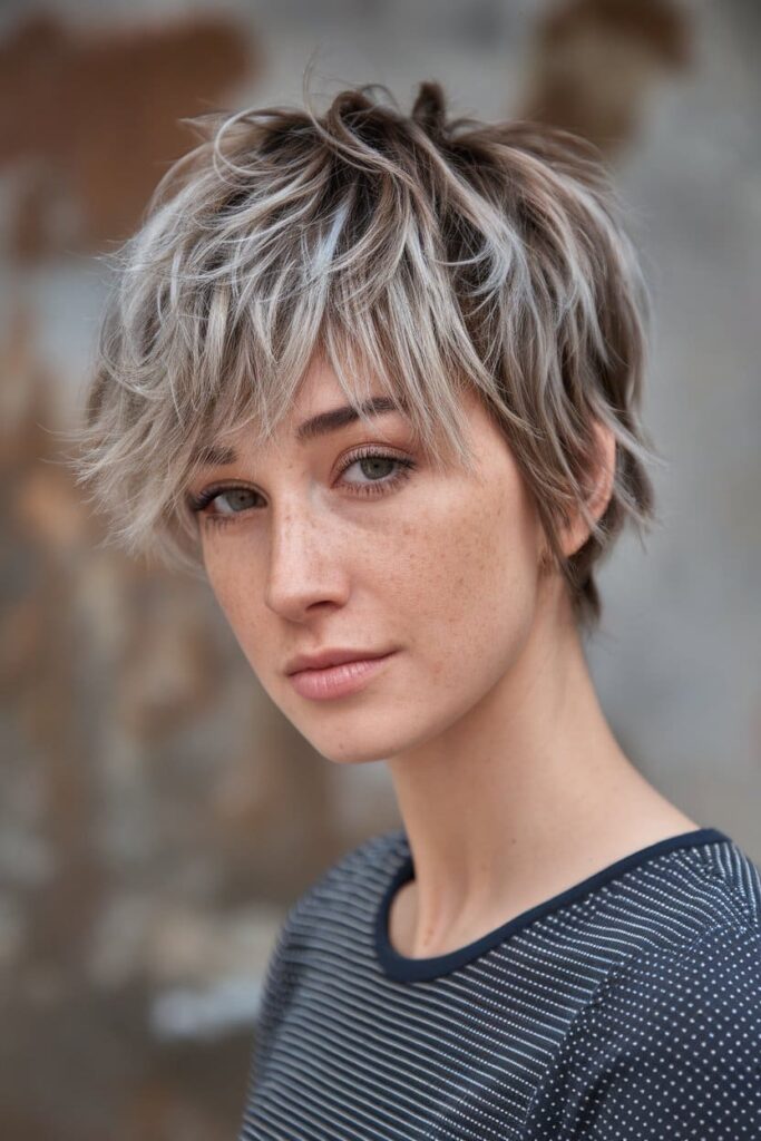 Short Shaggy Hair with Silver Highlights in Brown Hair with Silver Highlights hairstyle.