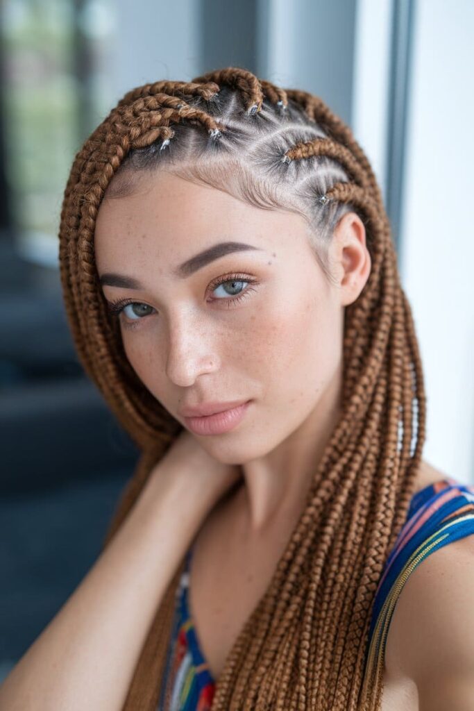  Intricate Cornrow Styles in Brown Hair with Silver Highlights hairstyle. 