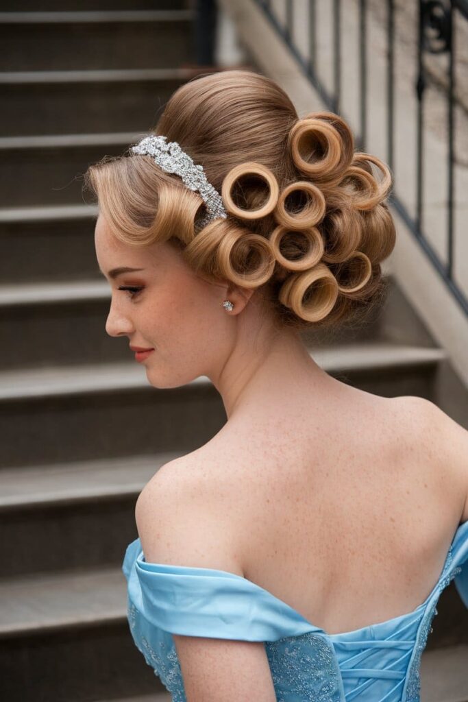  Bouncy Curls with Headband in Stunning Prom Hairstyles for Medium-Length Hair.