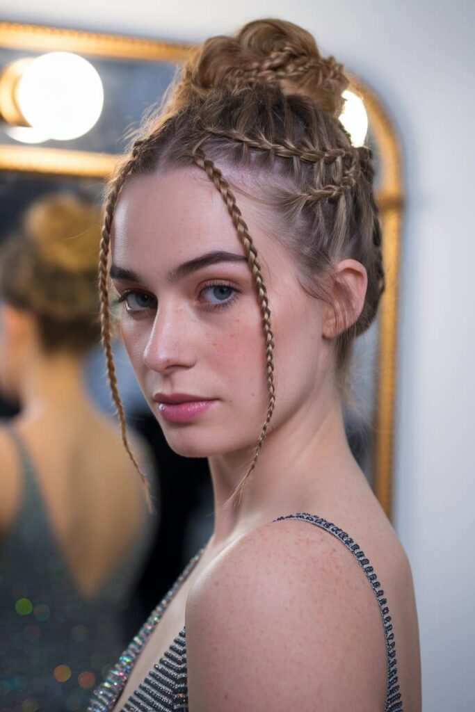 Messy Bun with Braids in Stunning Prom Hairstyles for Medium-Length Hair. 