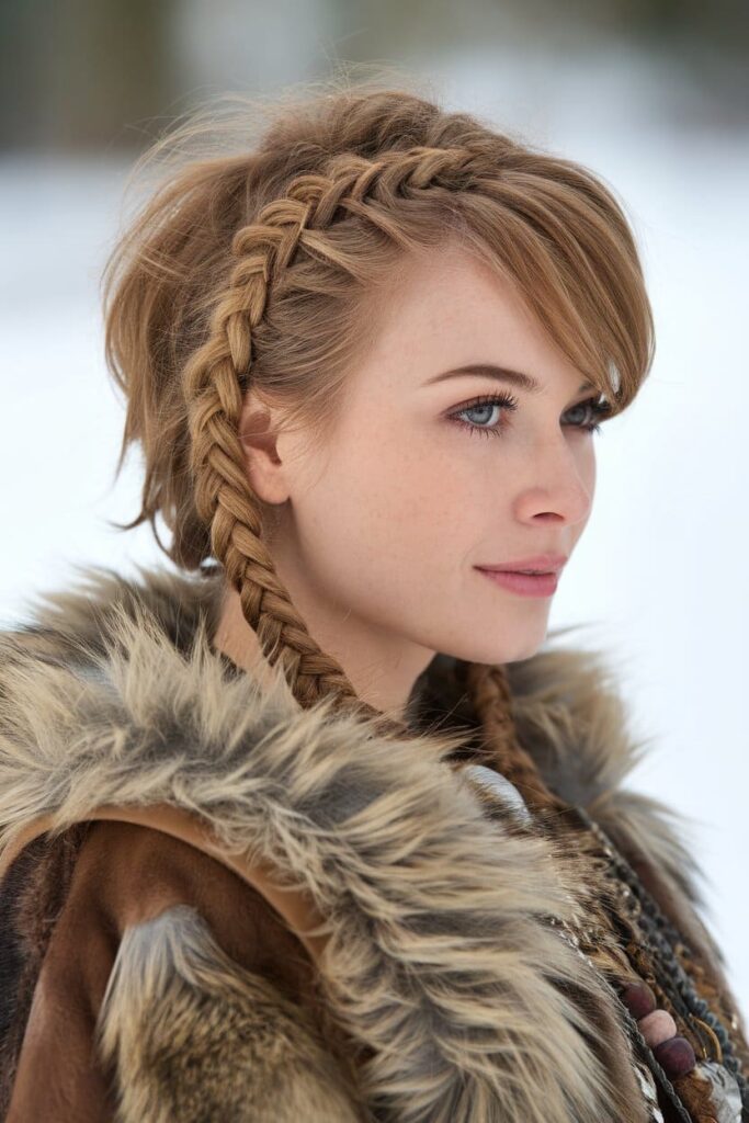 Short Shaggy Hair with Side Plait in Viking Braids hairstyle. 