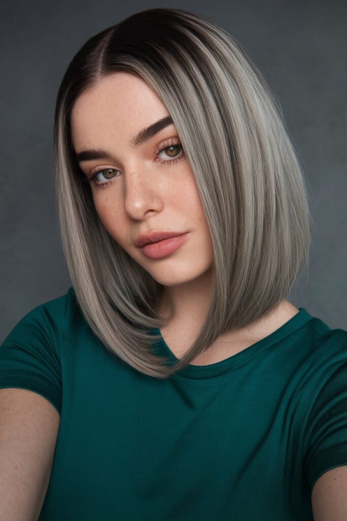 The hairstyle is Sleek Straight Hair with Silver Highlights brown hair hairstyle.