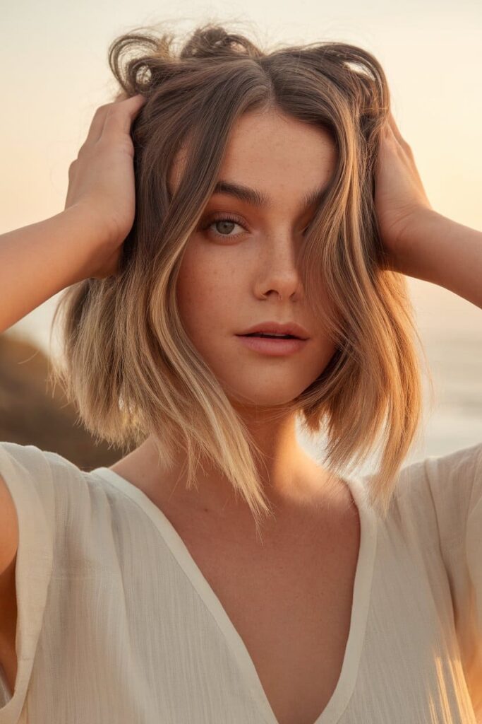 graduated choppy bob with soft streaks 