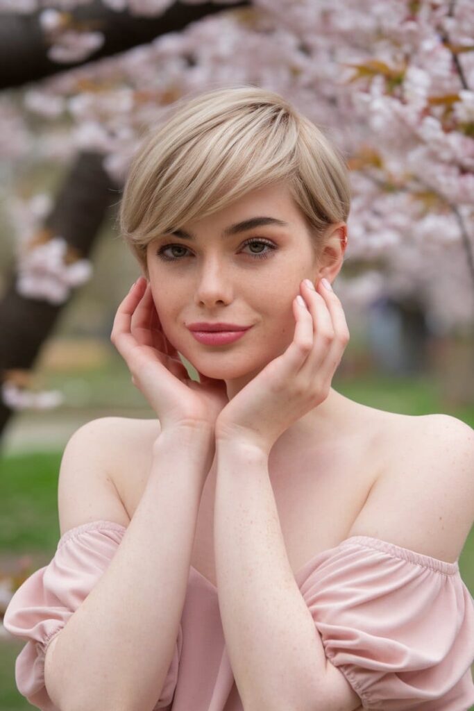 tapered pixie with side swept bangs