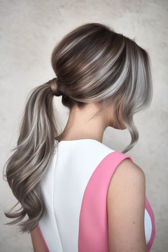  The hairstyle is Glamorous Side Ponytail in Brown Hair with Silver Highlights Hairstyles.